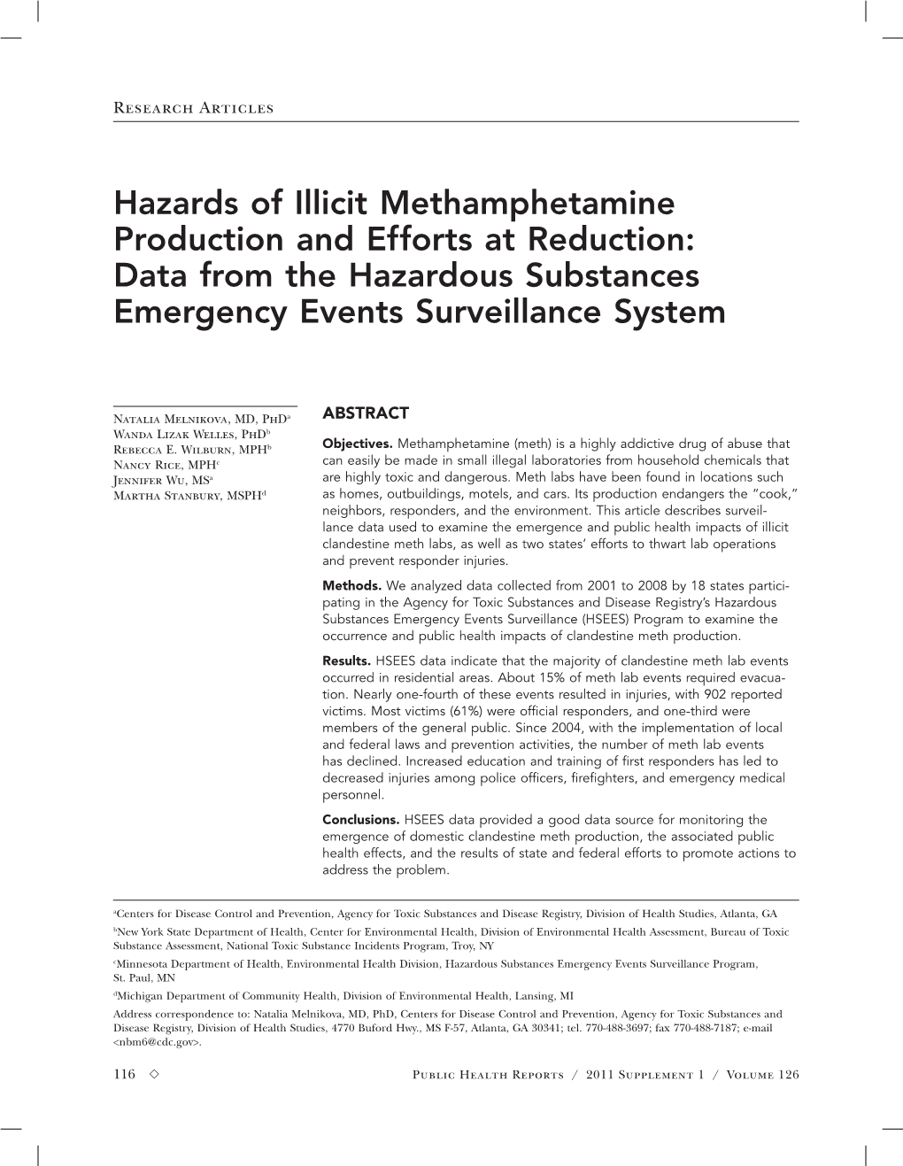 Hazards of Illicit Methamphetamine Production and Efforts at Reduction: Data from the Hazardous Substances Emergency Events Surveillance System