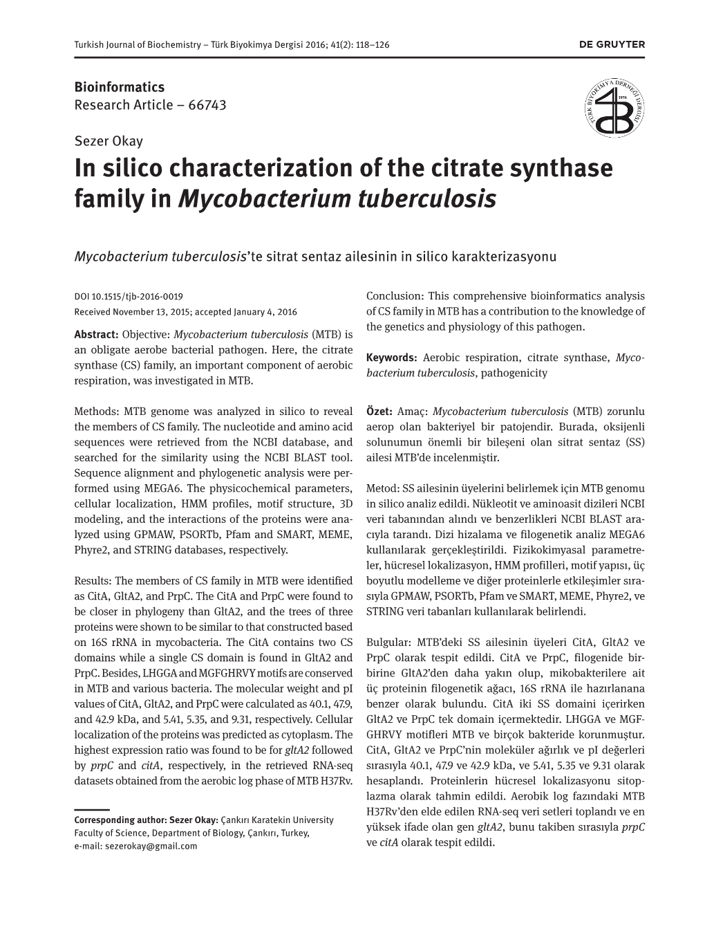 In Silico Characterization of the Citrate Synthase Family in Mycobacterium Tuberculosis
