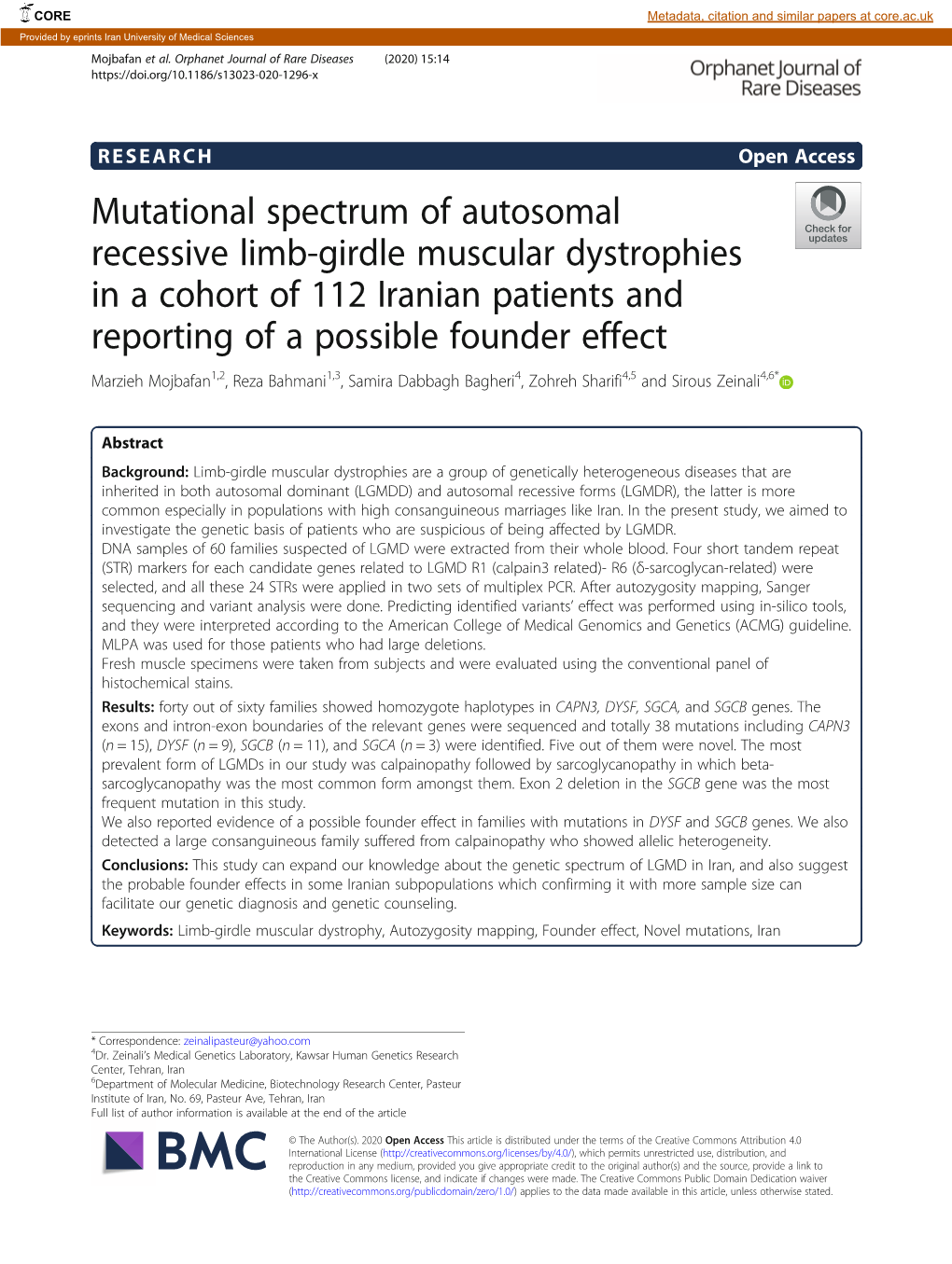 Mutational Spectrum of Autosomal Recessive Limb-Girdle Muscular Dystrophies in a Cohort of 112 Iranian Patients and Reporting Of