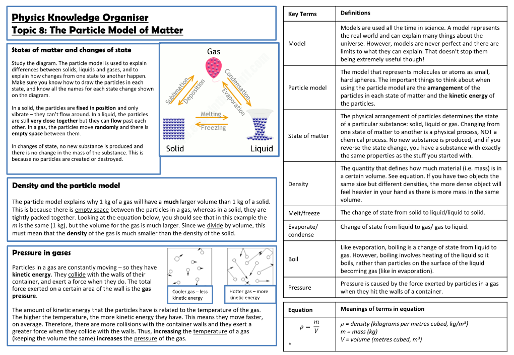 Physics Knowledge Organiser Topic 8: the Particle Model of Matter