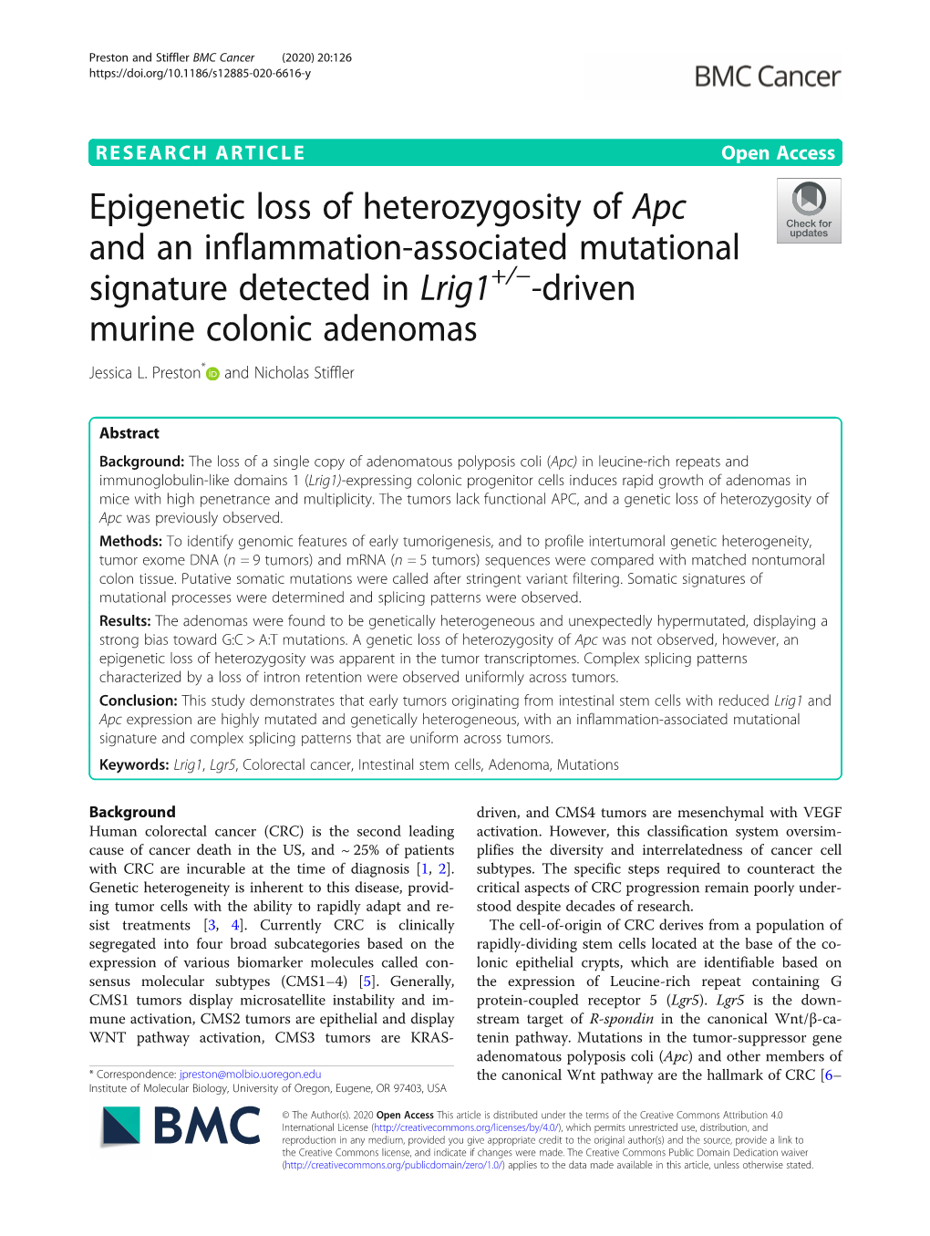 Epigenetic Loss of Heterozygosity of Apc and an Inflammation-Associated Mutational Signature Detected in Lrig1+/−-Driven Murine Colonic Adenomas Jessica L