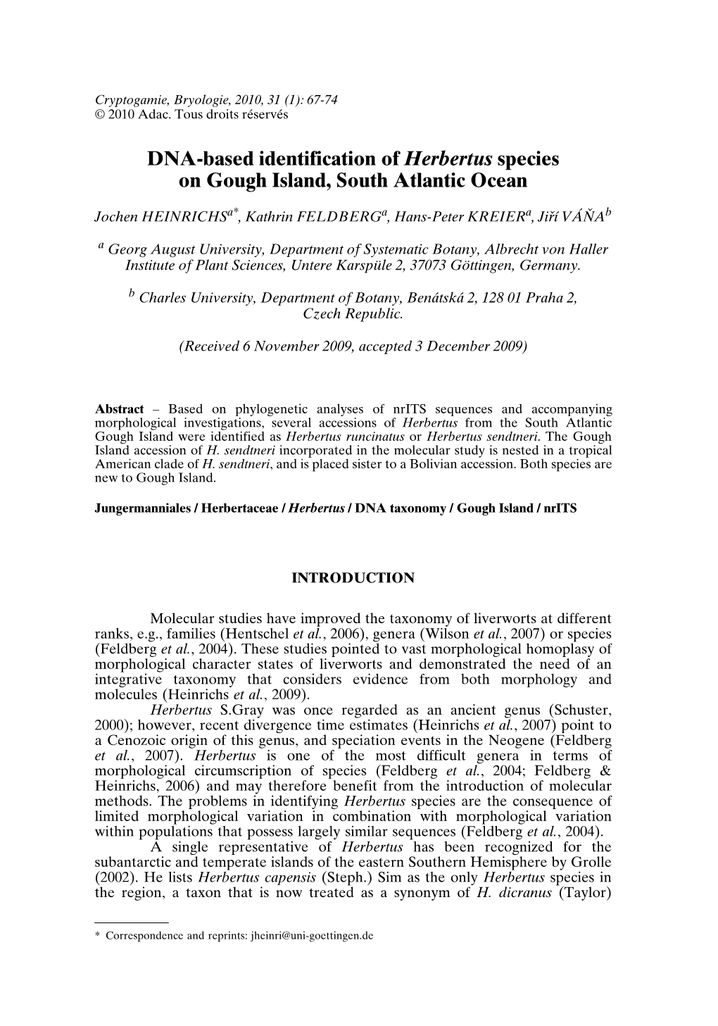 DNA-Based Identification of Herbertus Species on Gough Island, South