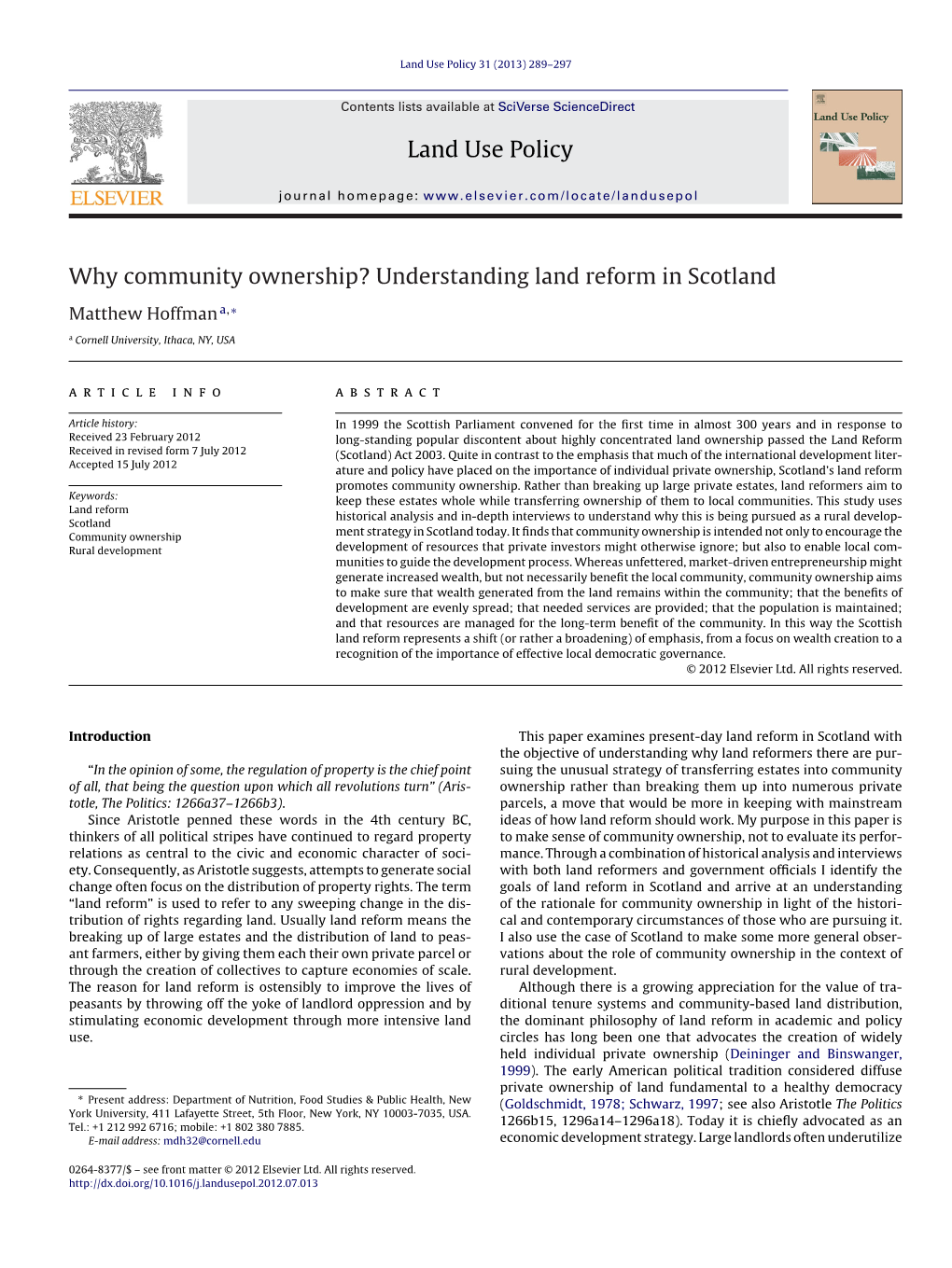 Why Community Ownership? Understanding Land Reform in Scotland