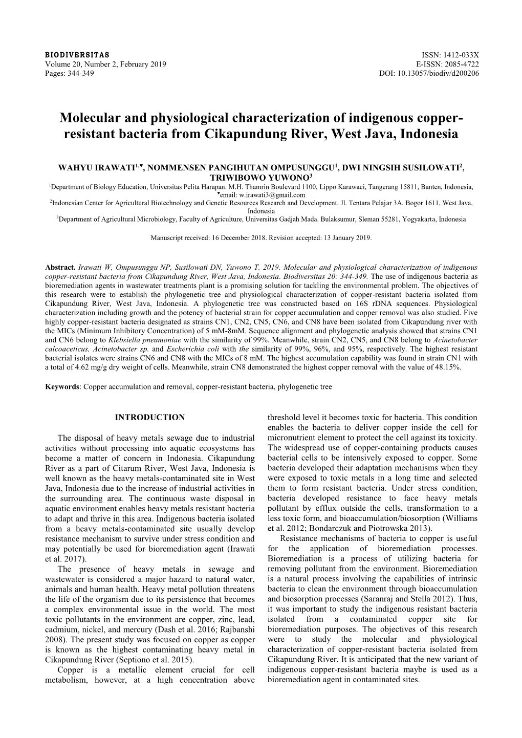 Molecular and Physiological Characterization of Indigenous Copper- Resistant Bacteria from Cikapundung River, West Java, Indonesia