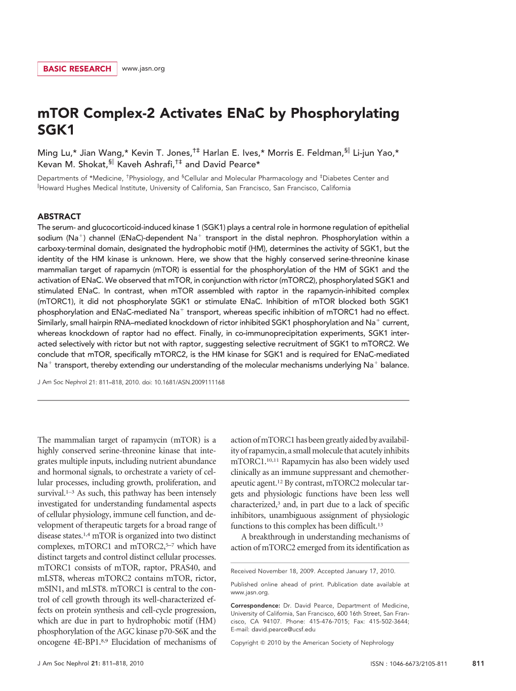 Mtor Complex-2 Activates Enac by Phosphorylating SGK1