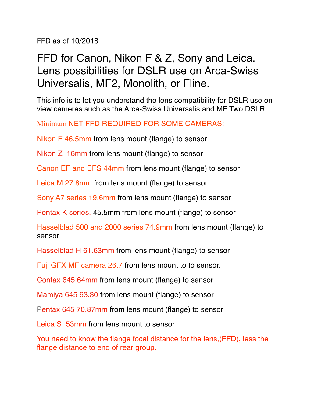 FFD for Canon, Nikon F & Z, Sony and Leica. Lens Possibilities for DSLR