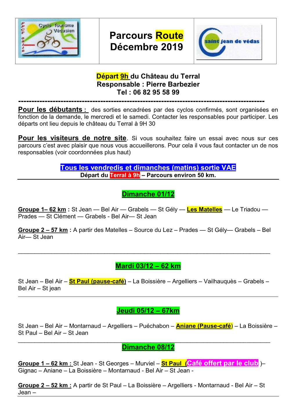 Parcours Route Décembre 2019