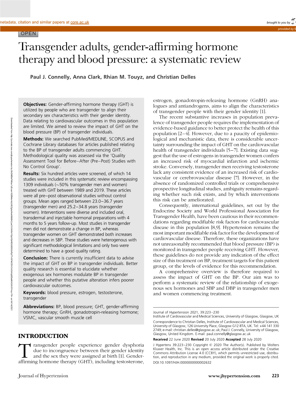 Transgender Adults, Gender-Affirming Hormone Therapy and Blood Pressure: a Review Systematic