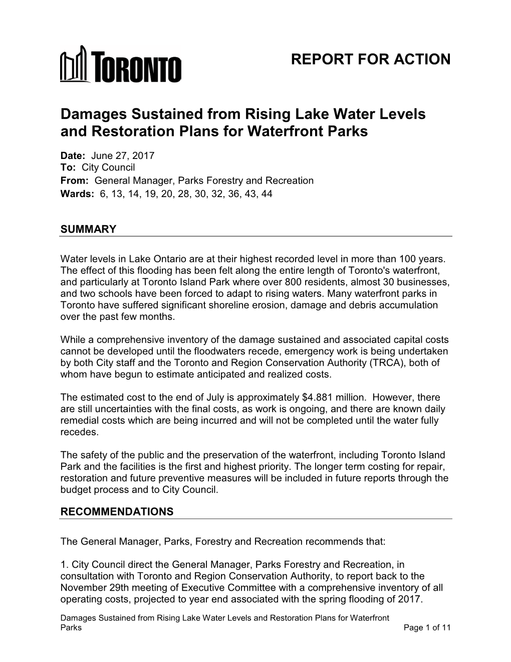 Damages Sustained from Rising Lake Water Levels and Restoration Plans for Waterfront Parks