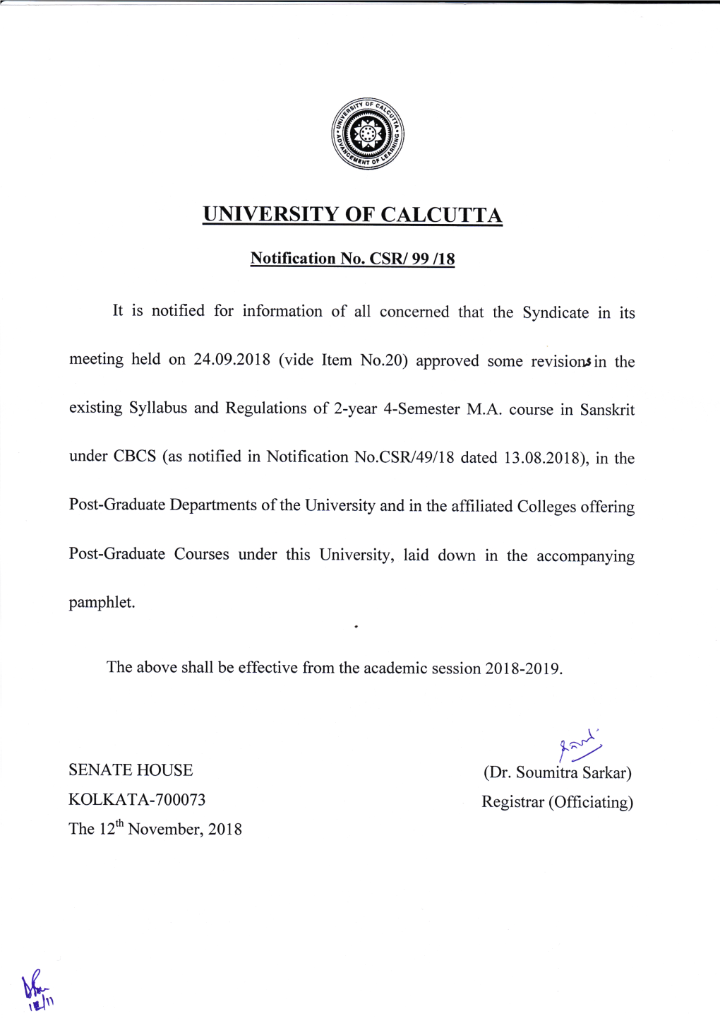 University of Calcutta Syllabus for MA in Sanskrit Under CBCS