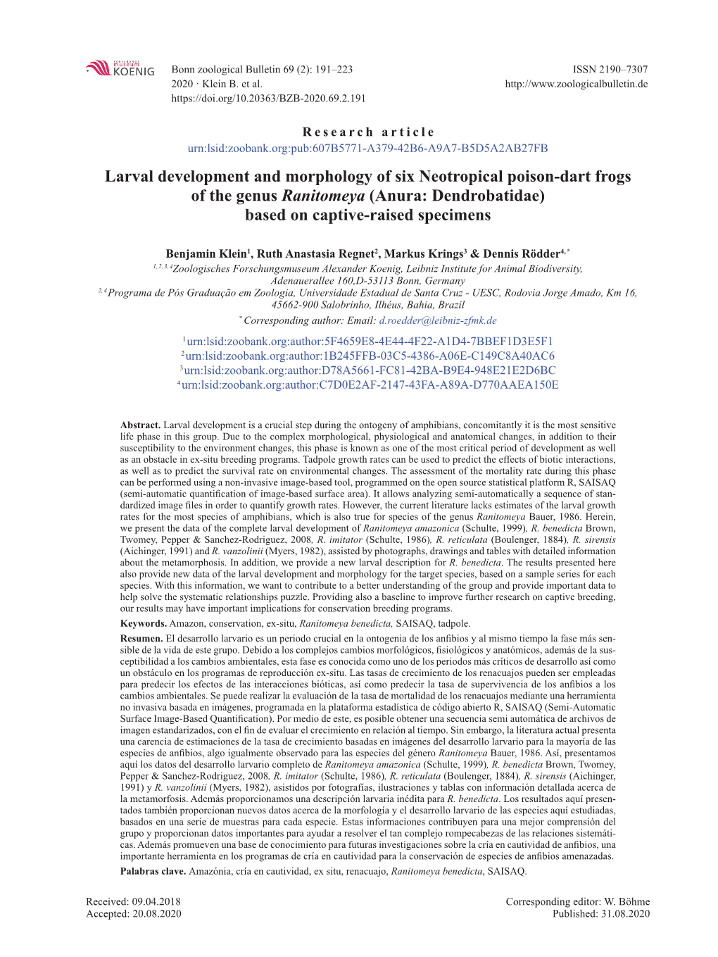 Larval Development and Morphology of Six Neotropical Poison-Dart Frogs of the Genus Ranitomeya (Anura: Dendrobatidae) Based on Captive-Raised Specimens