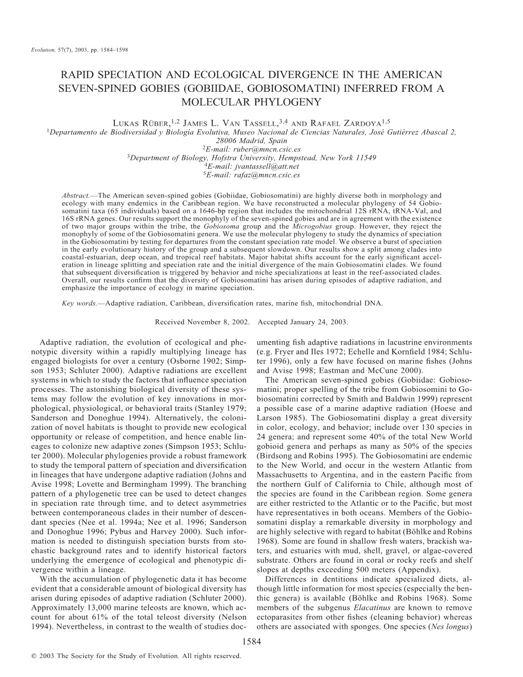 Rapid Speciation and Ecological Divergence in the American Seven-Spined Gobies (Gobiidae, Gobiosomatini) Inferred from a Molecular Phylogeny