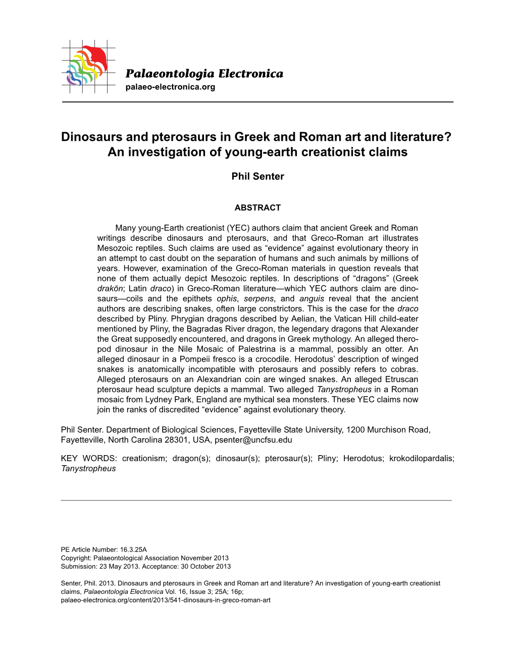 Dinosaurs and Pterosaurs in Greek and Roman Art and Literature? an Investigation of Young-Earth Creationist Claims