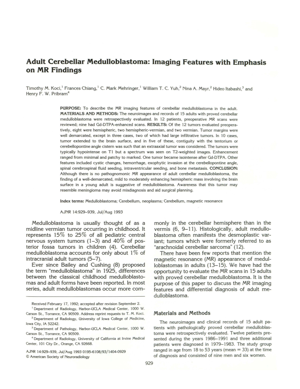 Adult Cerebellar Medulloblastoma: Imaging Features with Emphasis on MR Findings