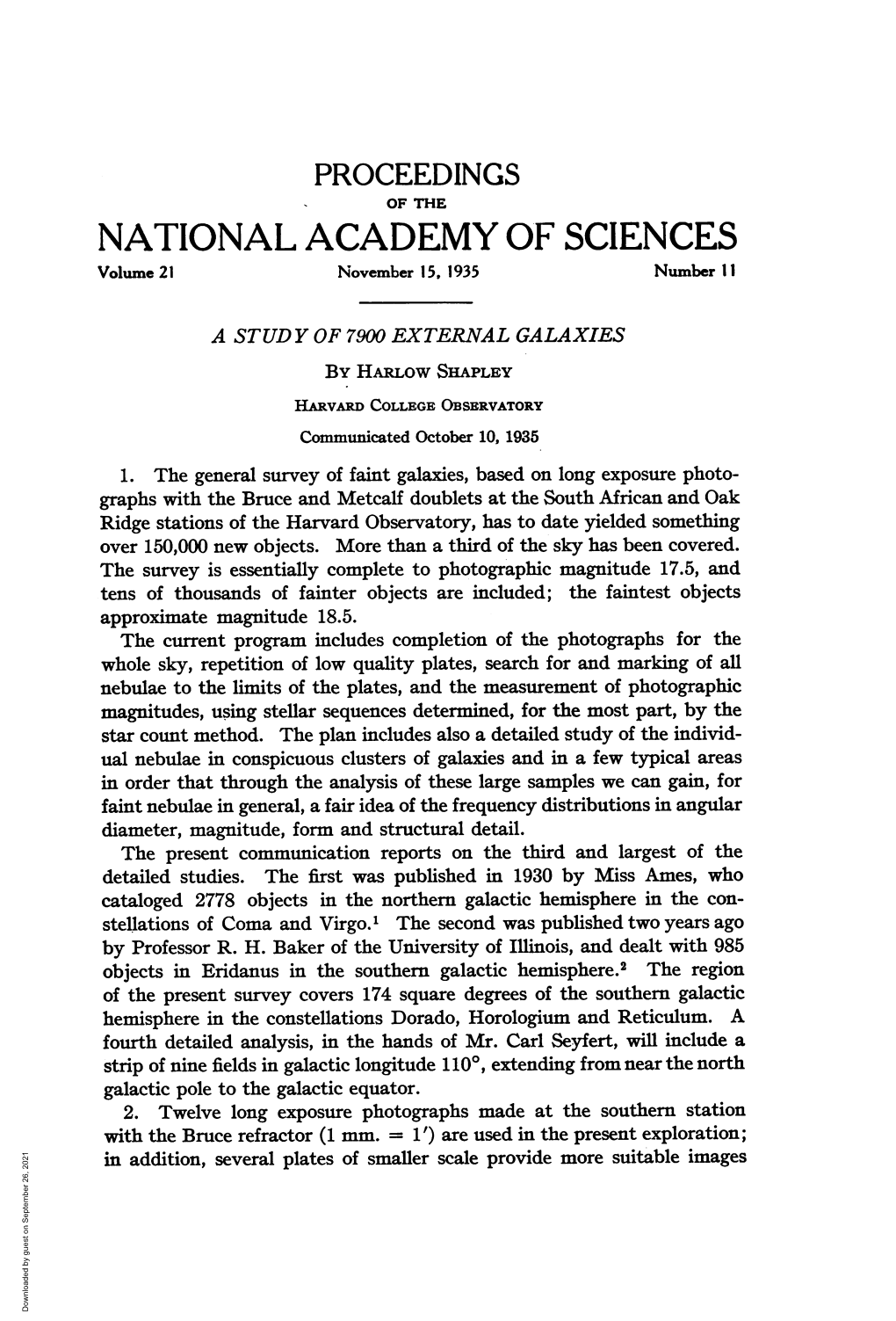 A STUDY of 7900 EXTERNAL GALAXIES by Harlow SHAPLEY HARVARD COLLEGE OBSERVATORY Communicated October 10, 1935 1