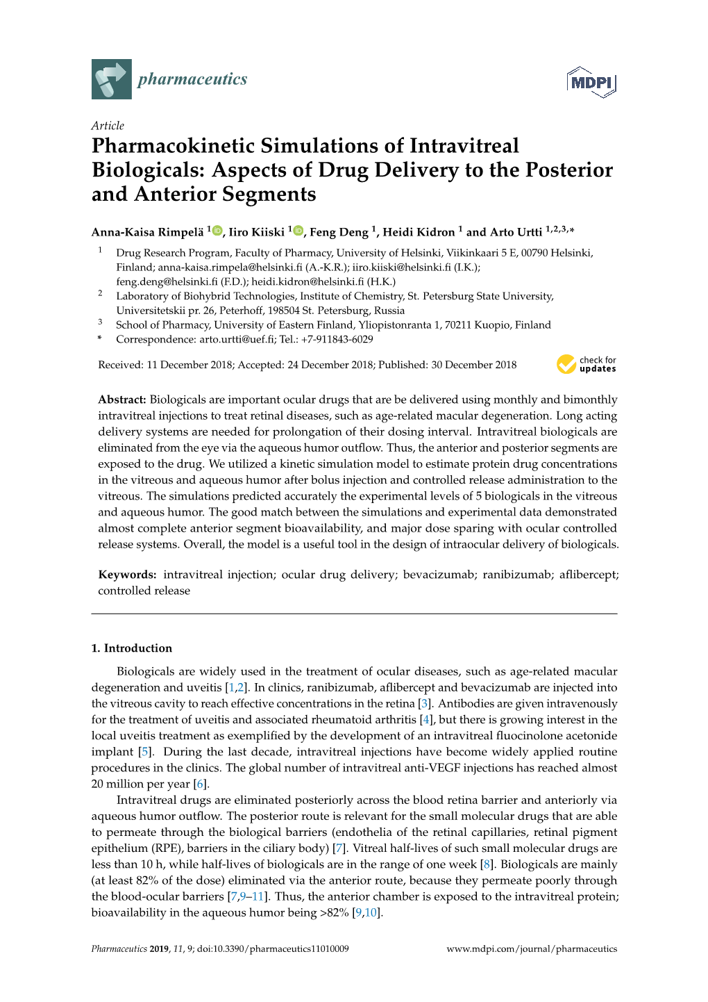 Pharmacokinetic Simulations of Intravitreal Biologicals: Aspects of Drug Delivery to the Posterior and Anterior Segments