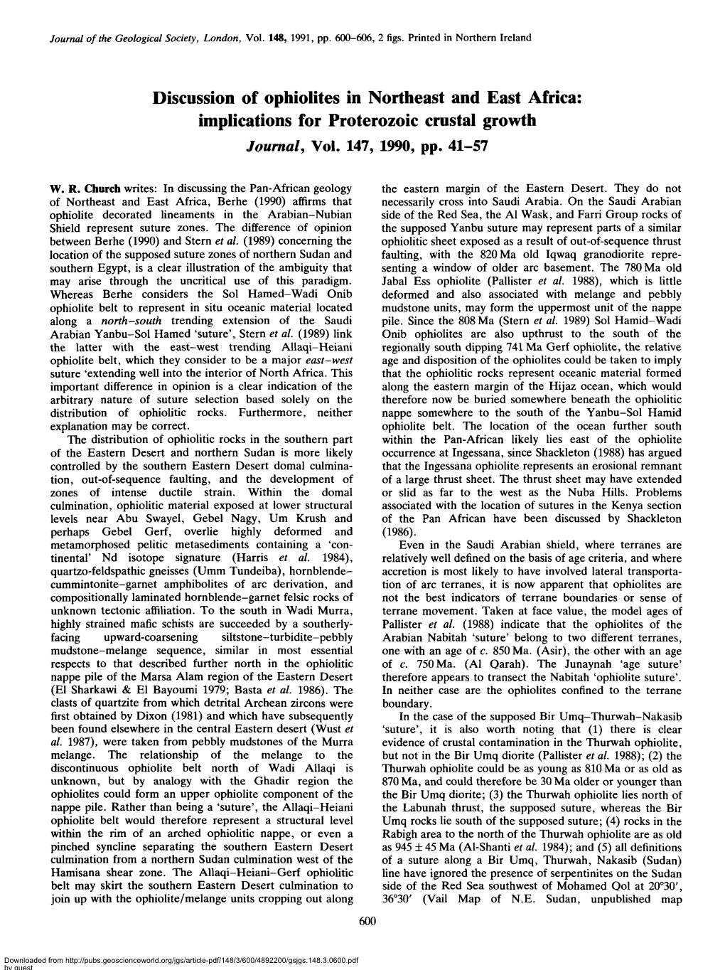 Discussion of Ophiolites in Northeast and East Africa: Implications for Proterozoic Crustal Growth Journal, Vol