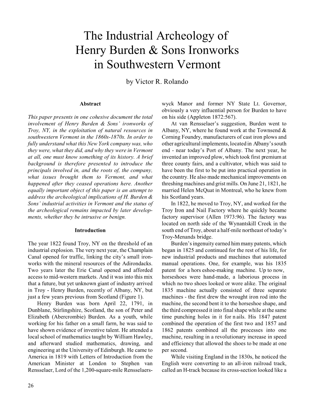 The Industrial Archeology of Henry Burden & Sons Ironworks in Southwestern Vermont