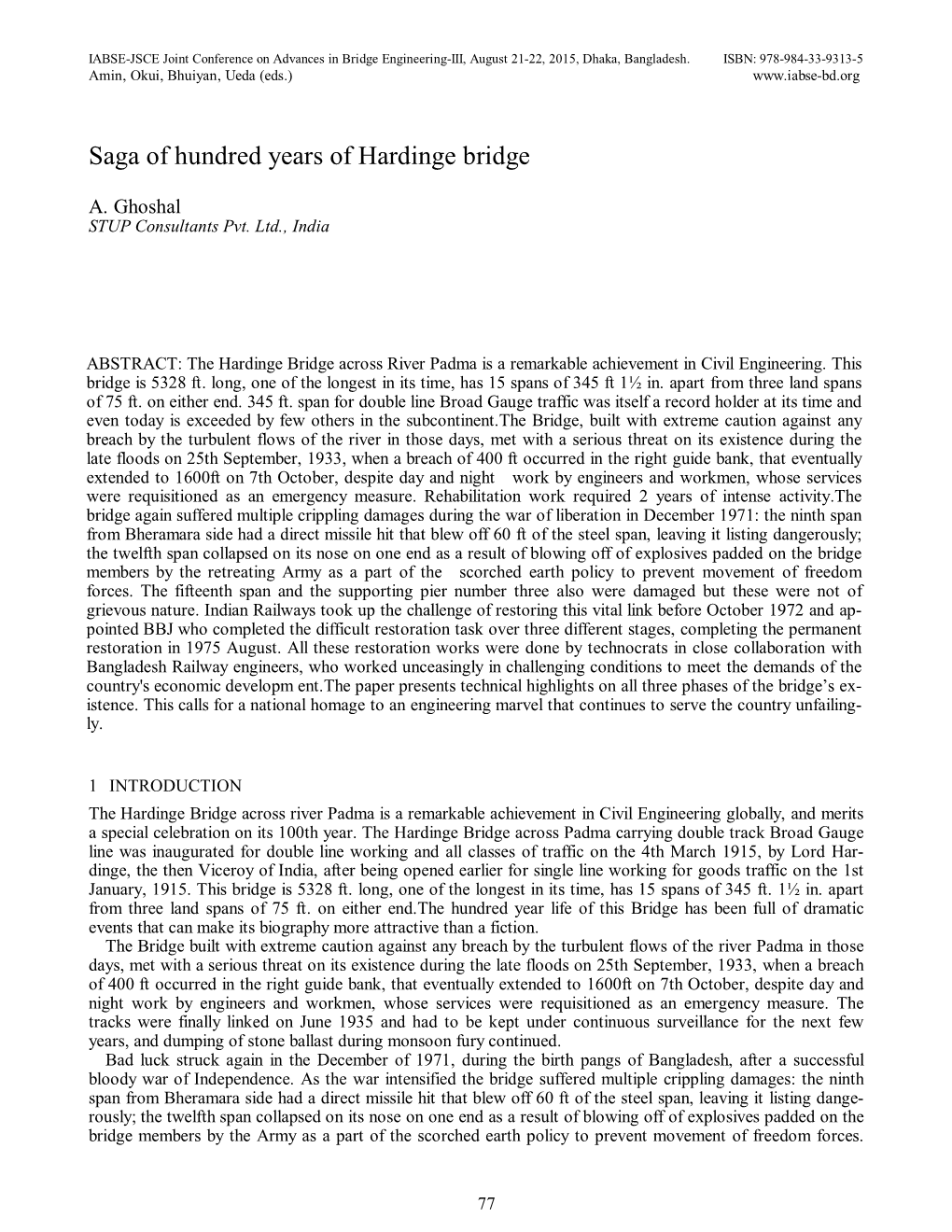 Saga of Hundred Years of Hardinge Bridge A. Ghoshal