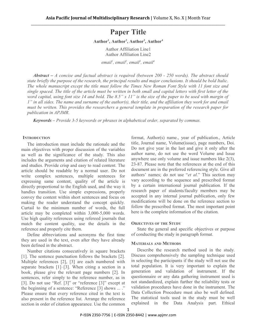 Asia Pacific Journal of Multidisciplinary Research Volume X, No. X Month Year