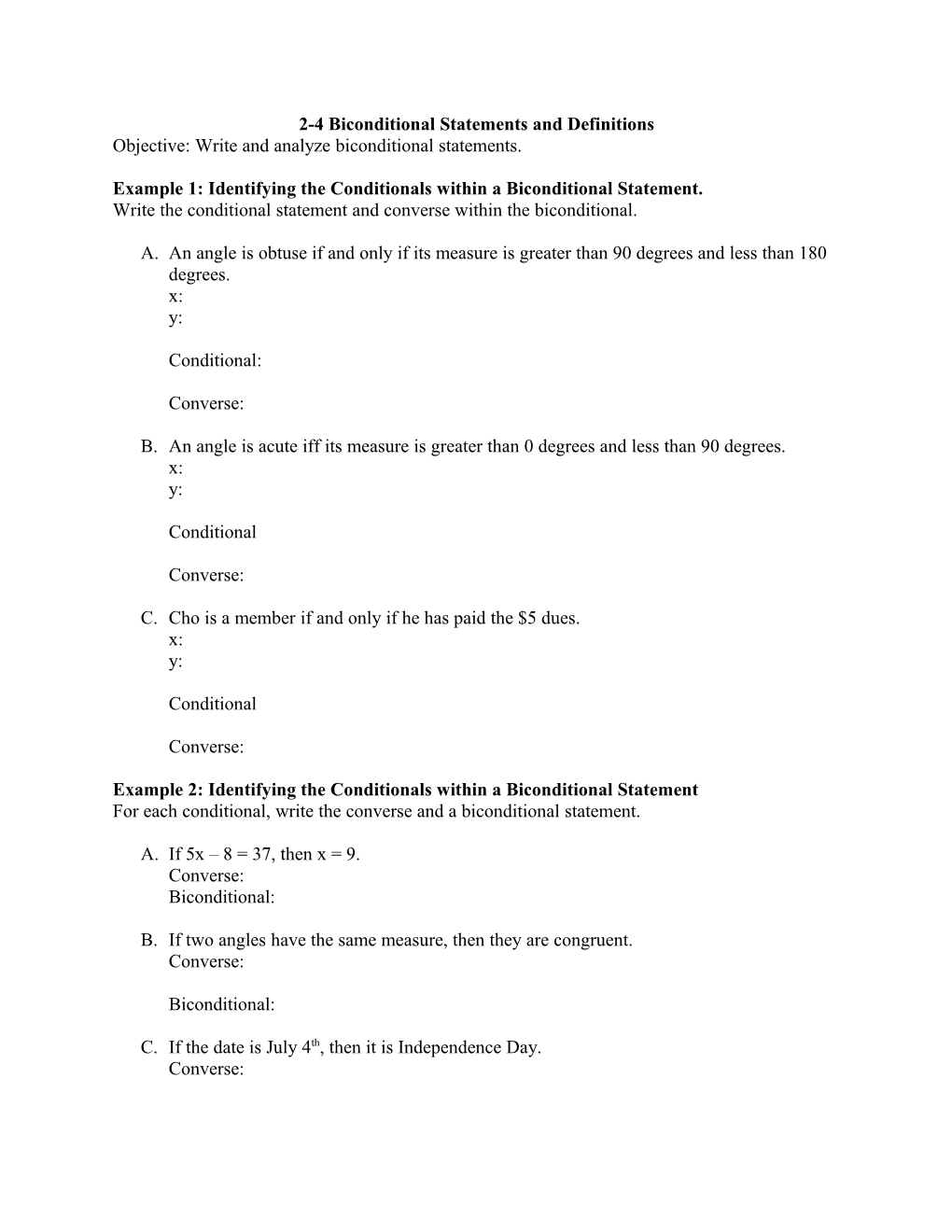 2-4 Biconditional Statements and Definitions