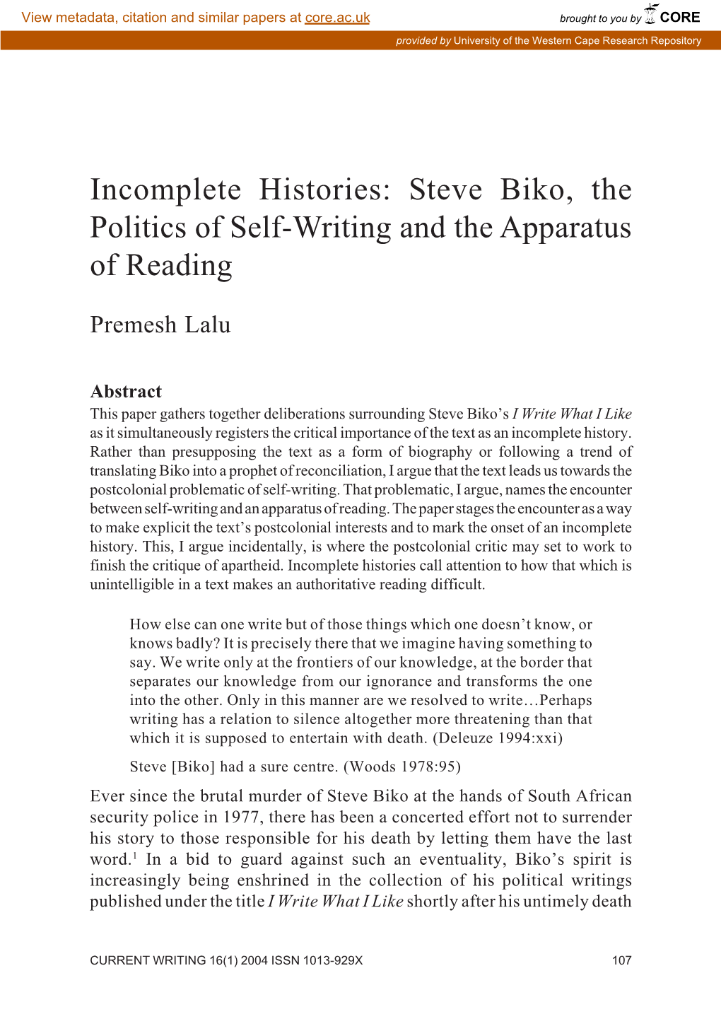 Steve Biko, the Politics of Self-Writing and the Apparatus of Reading