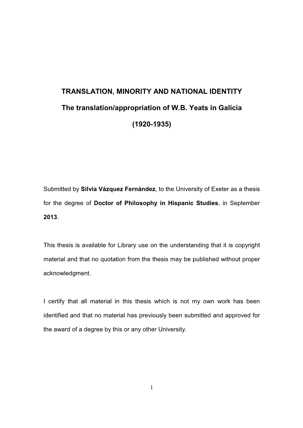 TRANSLATION, MINORITY and NATIONAL IDENTITY The