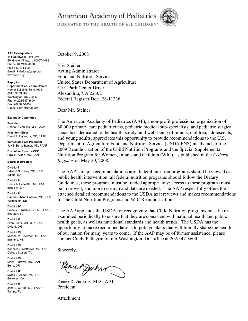 AAP Letter to U.S. Food and Nutrition Service