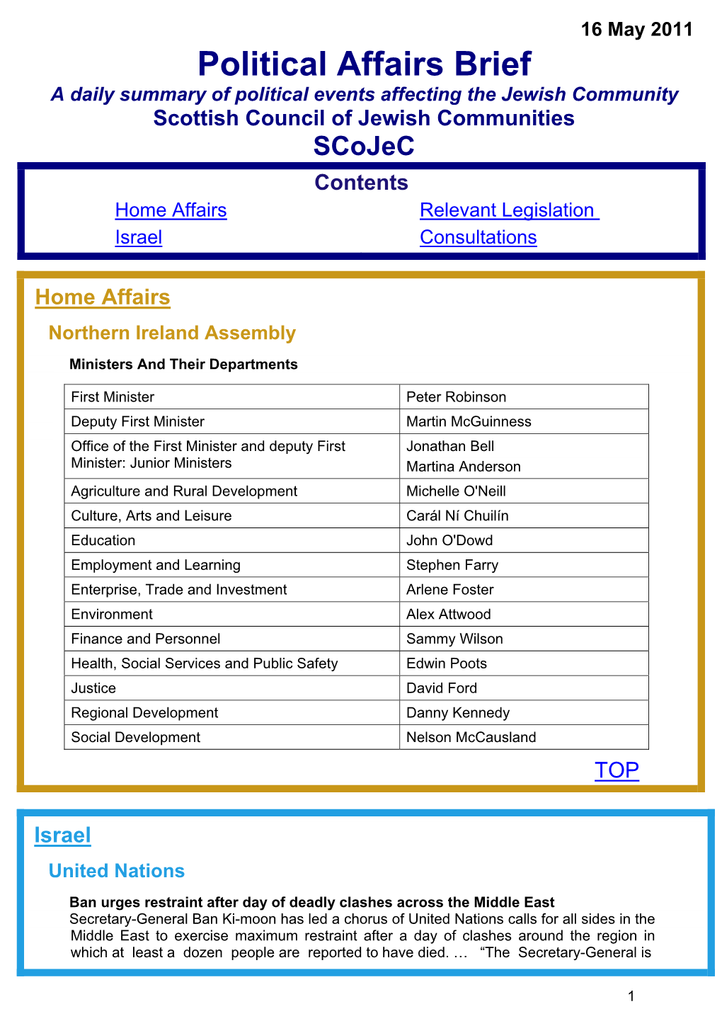 Political Affairs Brief a Daily Summary of Political Events Affecting the Jewish Community Scottish Council of Jewish Communities