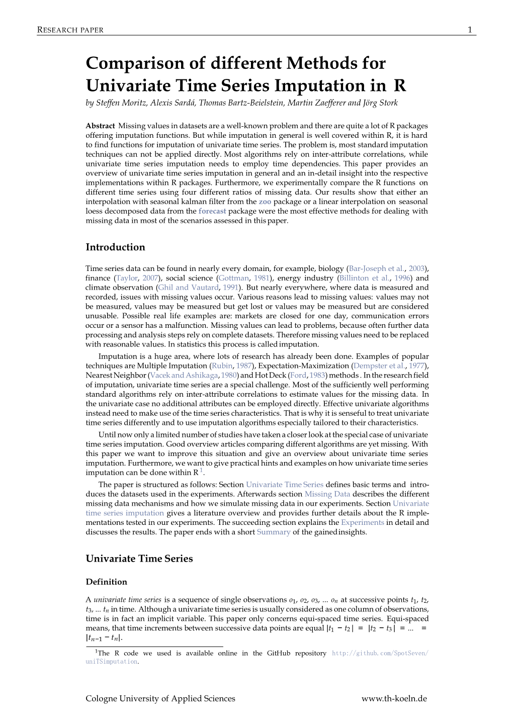 Comparison of Different Methods for Univariate Time Series Imputation in R by Steffen Moritz, Alexis Sardá, Thomas Bartz-Beielstein, Martin Zaefferer and Jörg Stork