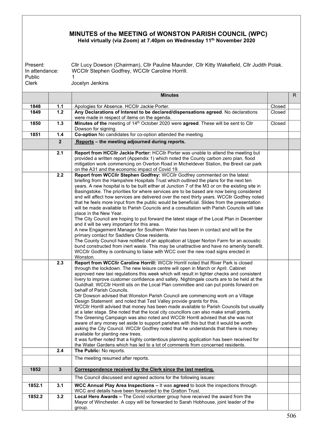 DRAFT MINUTES of the MEETING of WONSTON PARISH COUNCIL (WPC)