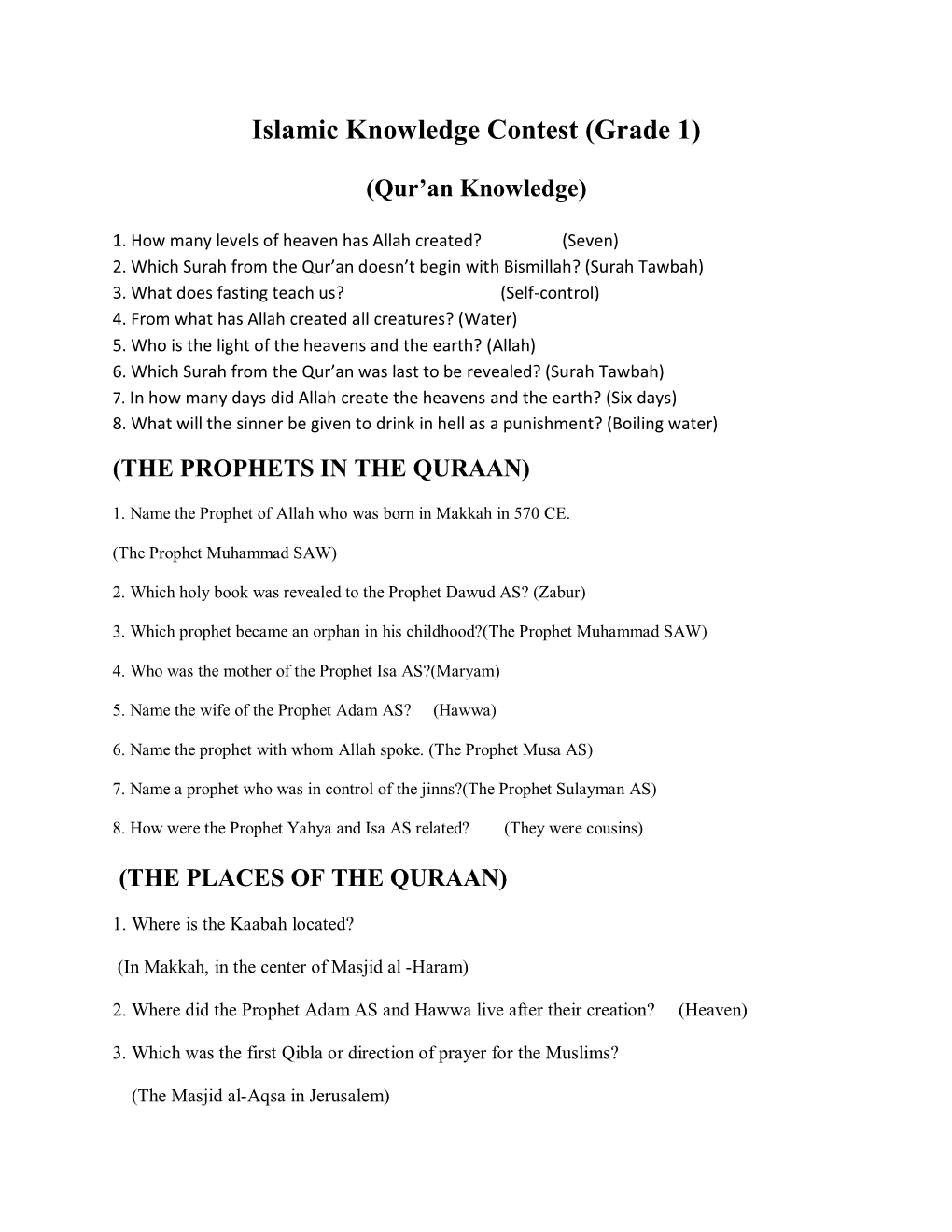 Islamic Knowledge Contest (Grade 1)