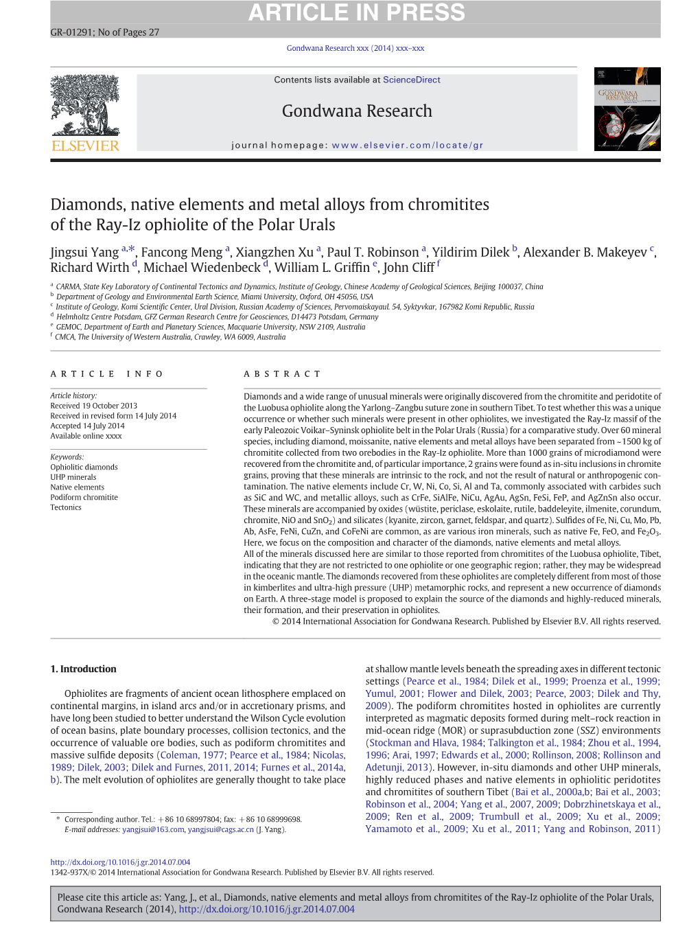 Diamonds, Native Elements and Metal Alloys from Chromitites of the Ray-Iz Ophiolite of the Polar Urals