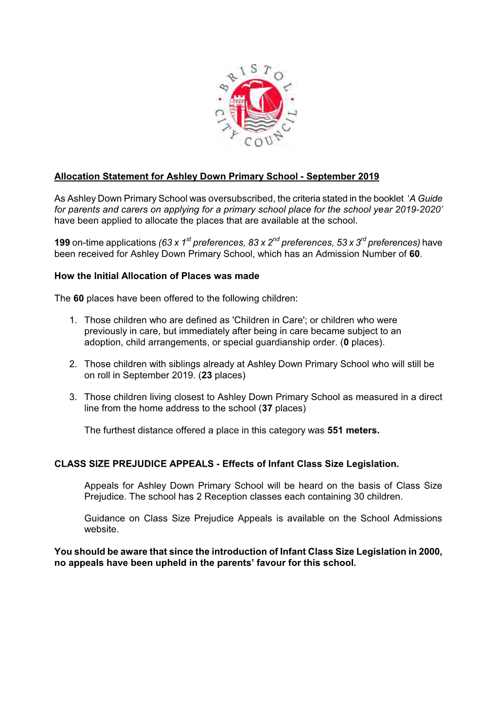 Allocation Statement for Ashley Down Primary School - September 2019