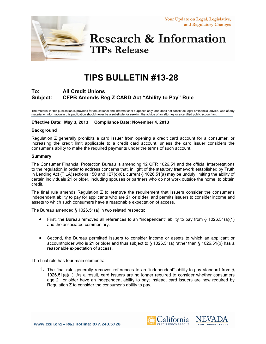 TIPS BULLETIN #13 28 ICFPB Amends Reg Z CARD Act Ability to Pay Rule