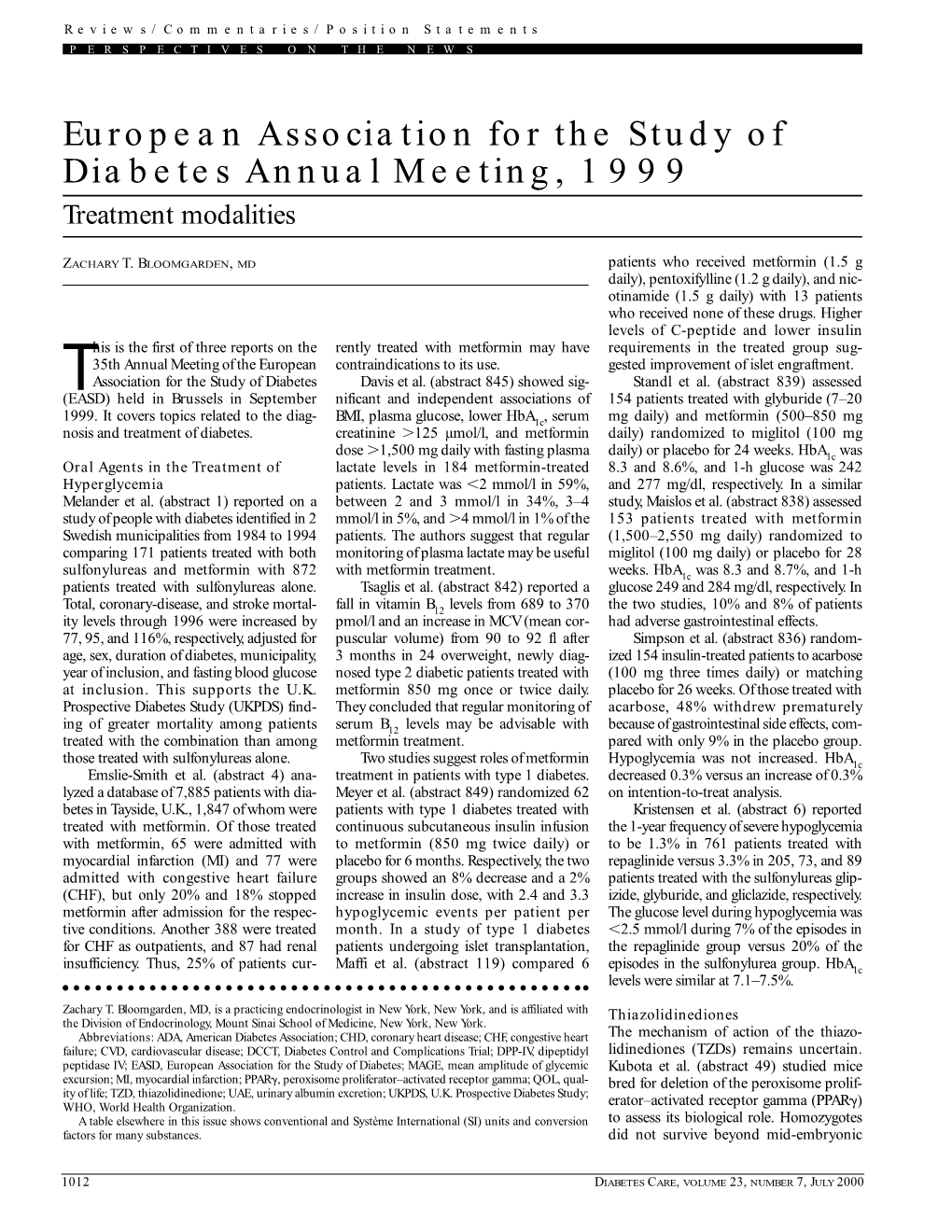 European Association for the Study of Diabetes Annual Meeting, 1999 Treatment Modalities