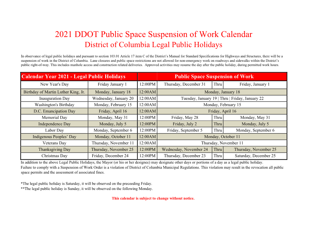 2021 DDOT Public Space Suspension of Work Calendar