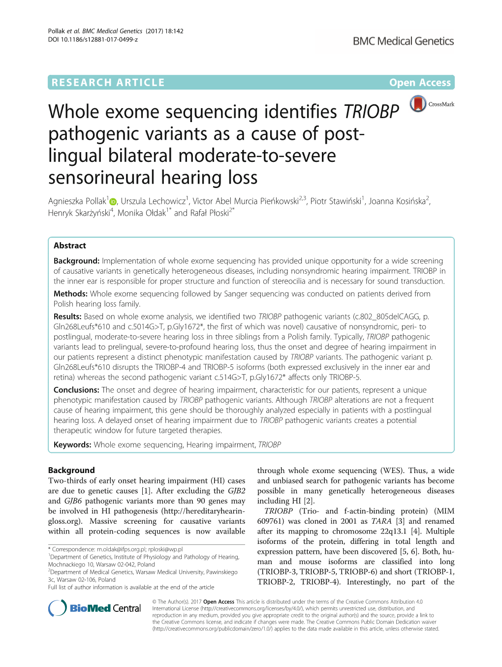 Whole Exome Sequencing Identifies TRIOBP Pathogenic Variants As A