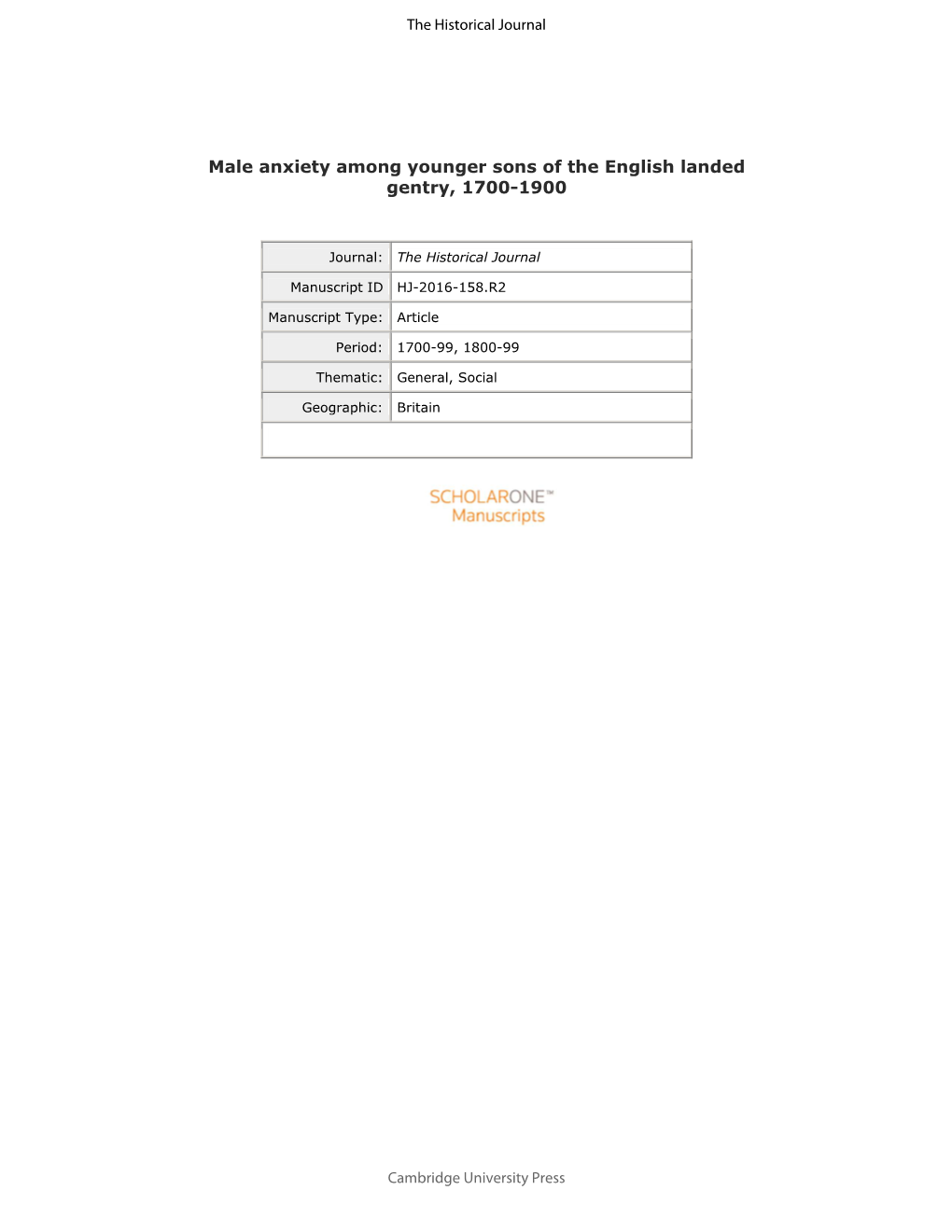 Male Anxiety Among Younger Sons of the English Landed Gentry, 1700-1900