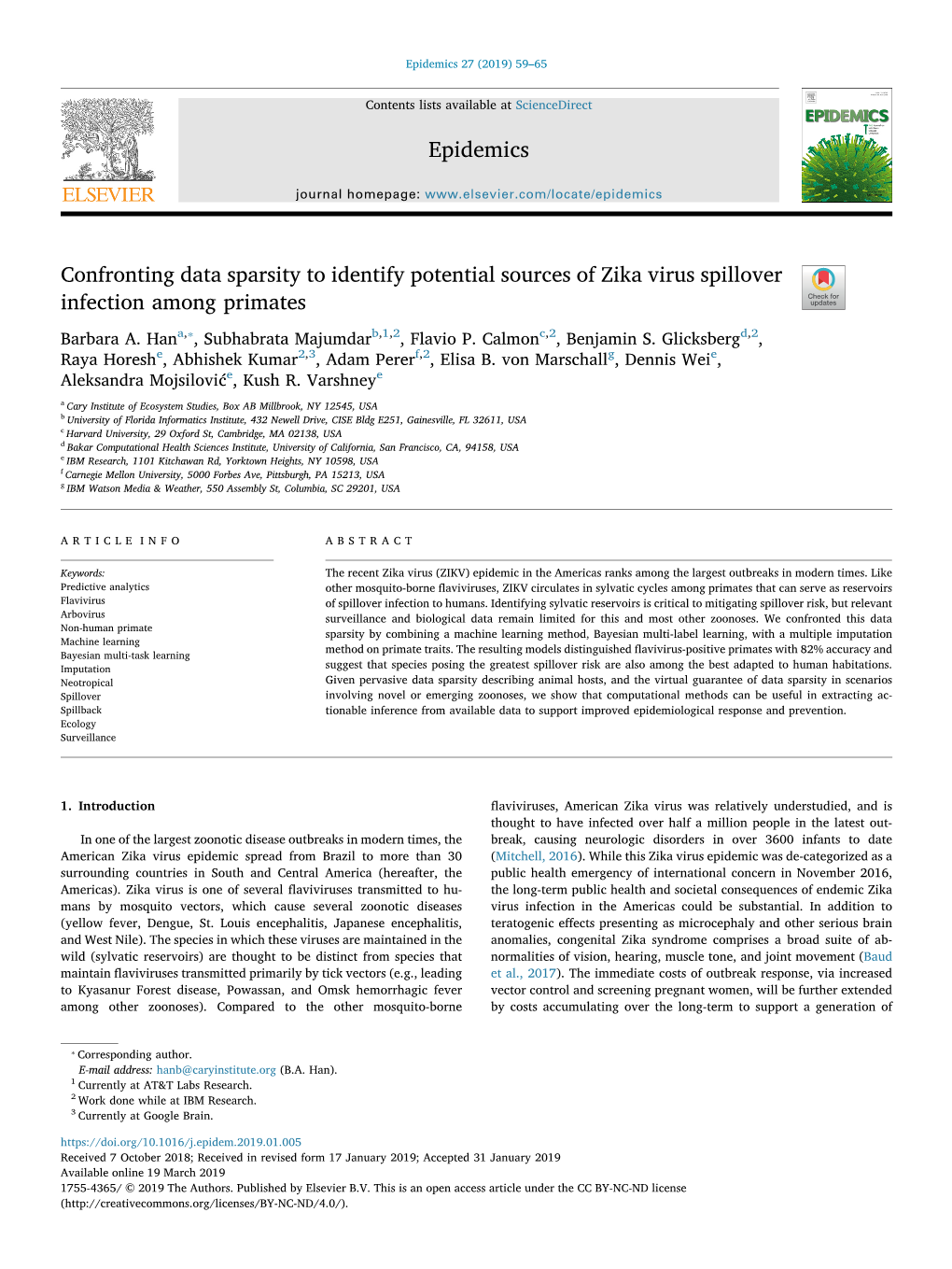 Confronting Data Sparsity to Identify Potential Sources of Zika Virus Spillover Infection Among Primates T ⁎ Barbara A