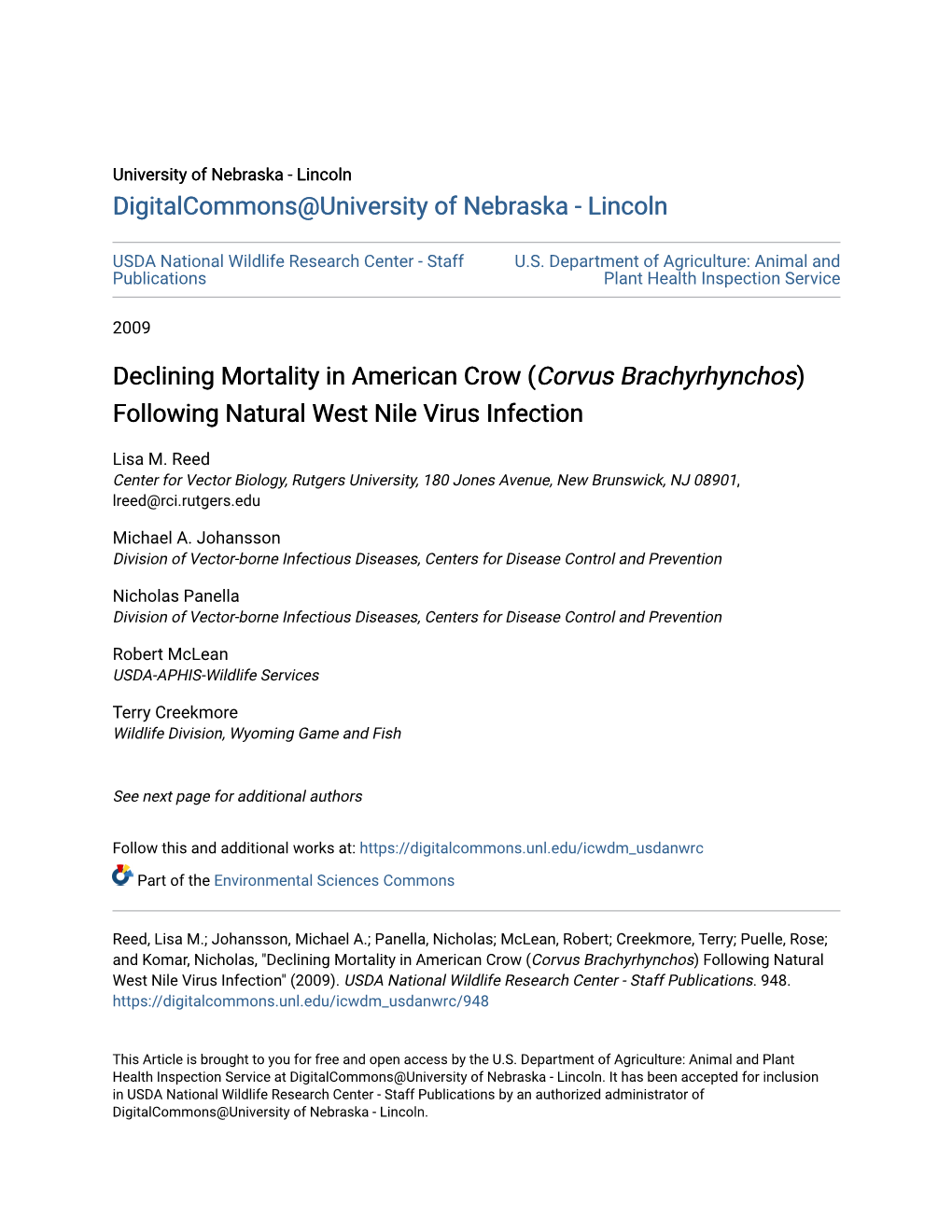 Declining Mortality in American Crow (Corvus Brachyrhynchos) Following Natural West Nile Virus Infection