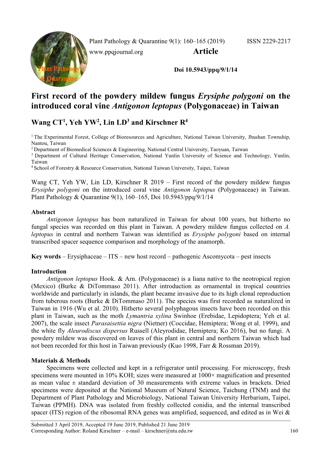 First Record of the Powdery Mildew Fungus Erysiphe Polygoni on the Introduced Coral Vine Antigonon Leptopus (Polygonaceae) in Taiwan