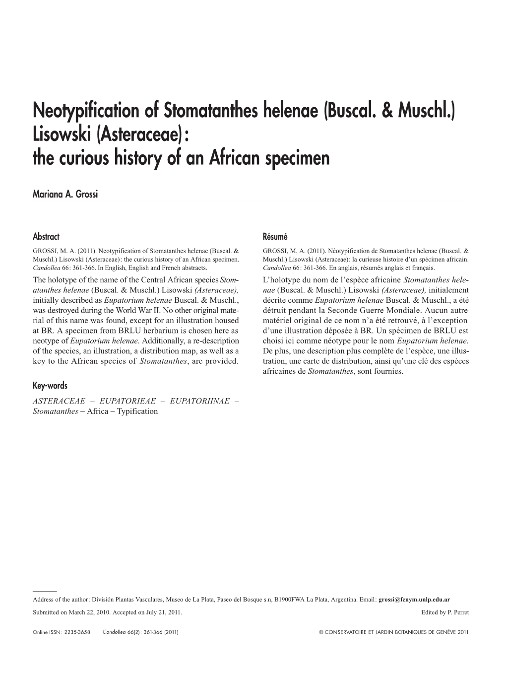 Neotypification of Stomatanthes Helenae (Buscal. & Muschl.) Lisowski