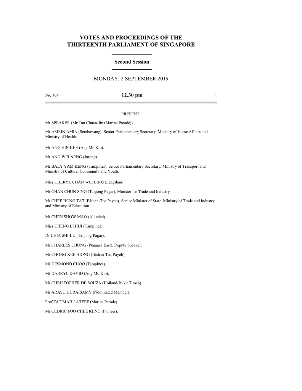 Votes and Proceedings of the Thirteenth Parliament of Singapore