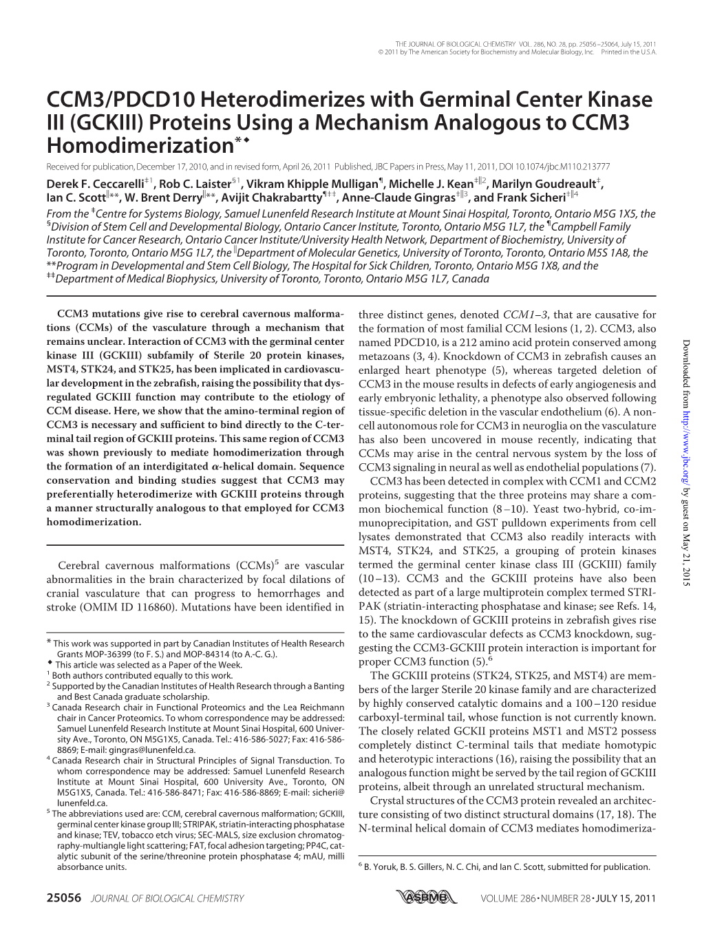 CCM3/PDCD10 Heterodimerizes With