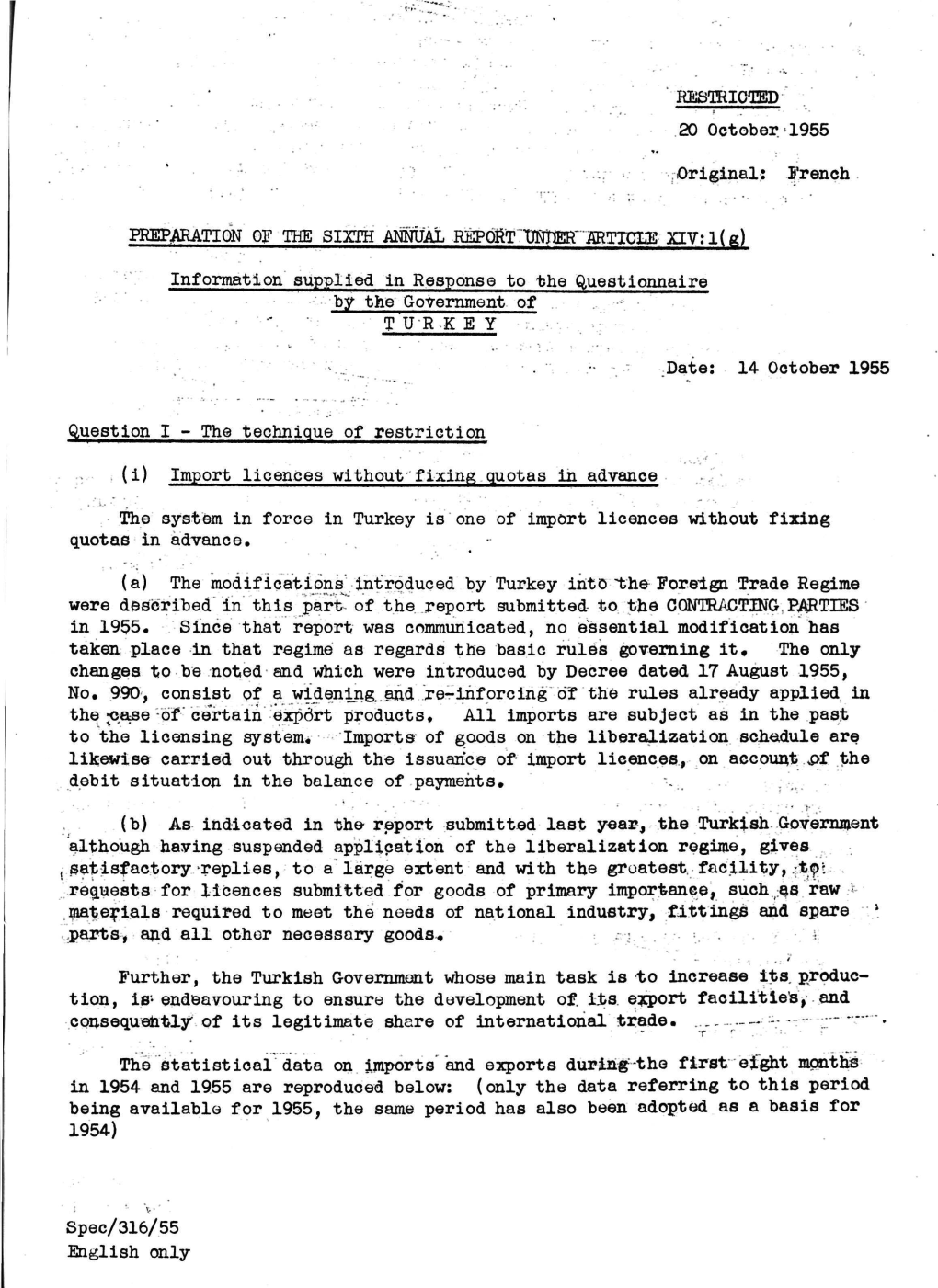 RESTRICTED 20 October 1955 Original: French PREPARATION OF