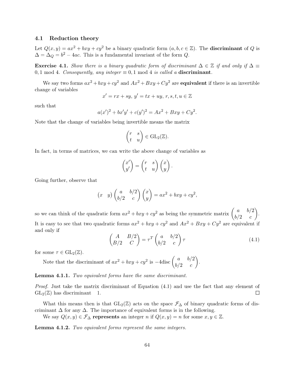 4.1 Reduction Theory Let Q(X, Y)=Ax2 + Bxy + Cy2 Be a Binary Quadratic Form (A, B, C Z)