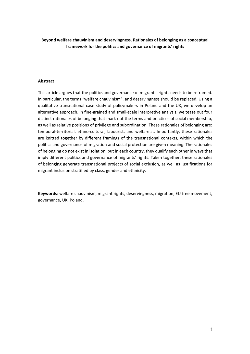 Beyond Welfare Chauvinism and Deservingness. Rationales of Belonging As a Conceptual Framework for the Politics and Governance of Migrants’ Rights