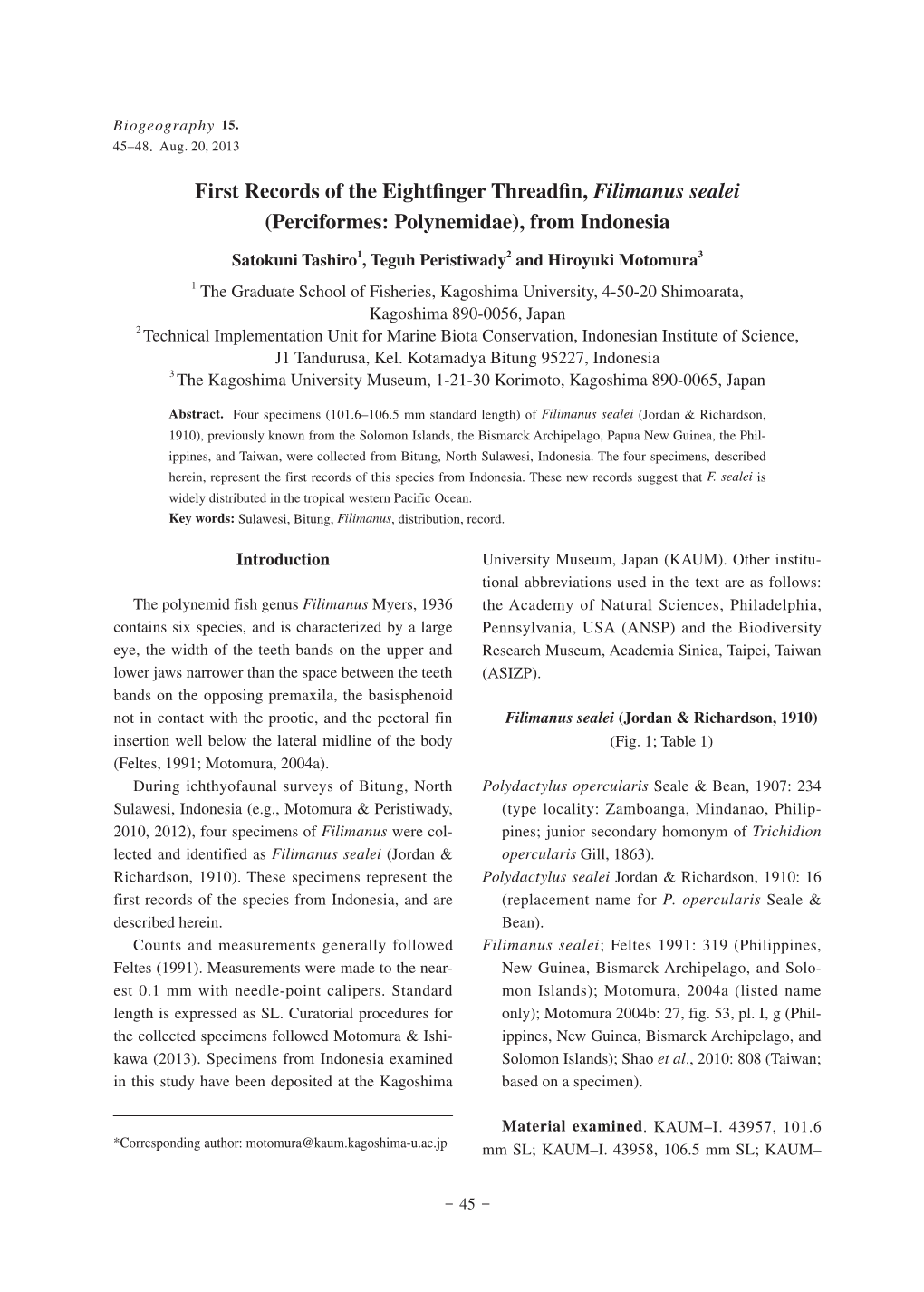 First Records of the Eightfinger Threadfin, Filimanus Sealei (Perciformes: Polynemidae), from Indonesia