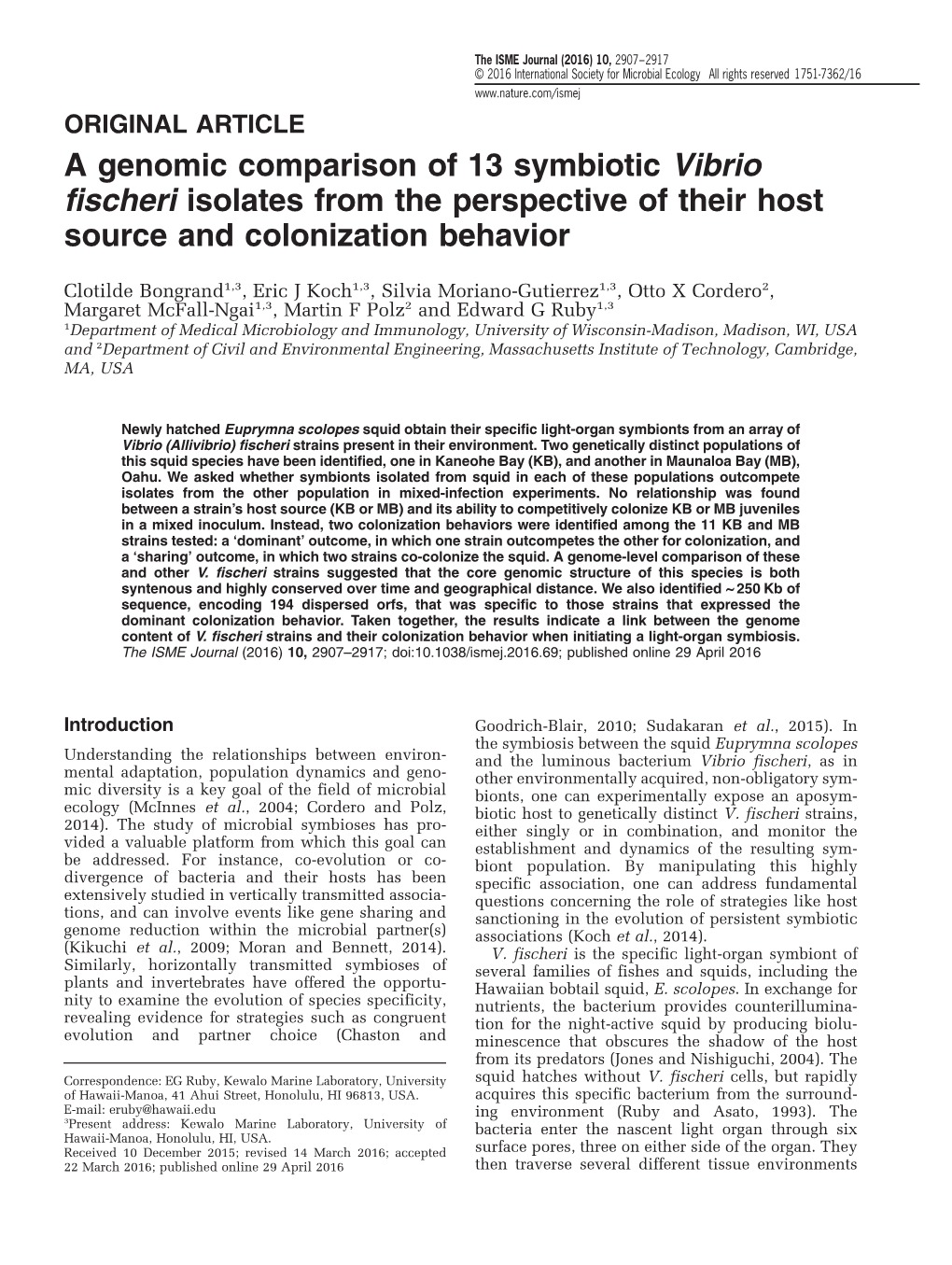 A Genomic Comparison of 13 Symbiotic Vibrio Fischeri Isolates from the Perspective of Their Host Source and Colonization Behavior